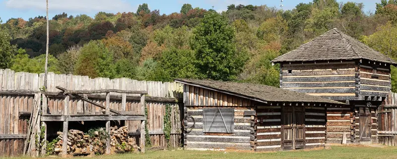 The reconstructed log blockhouse and stockade at Fort Randolph
